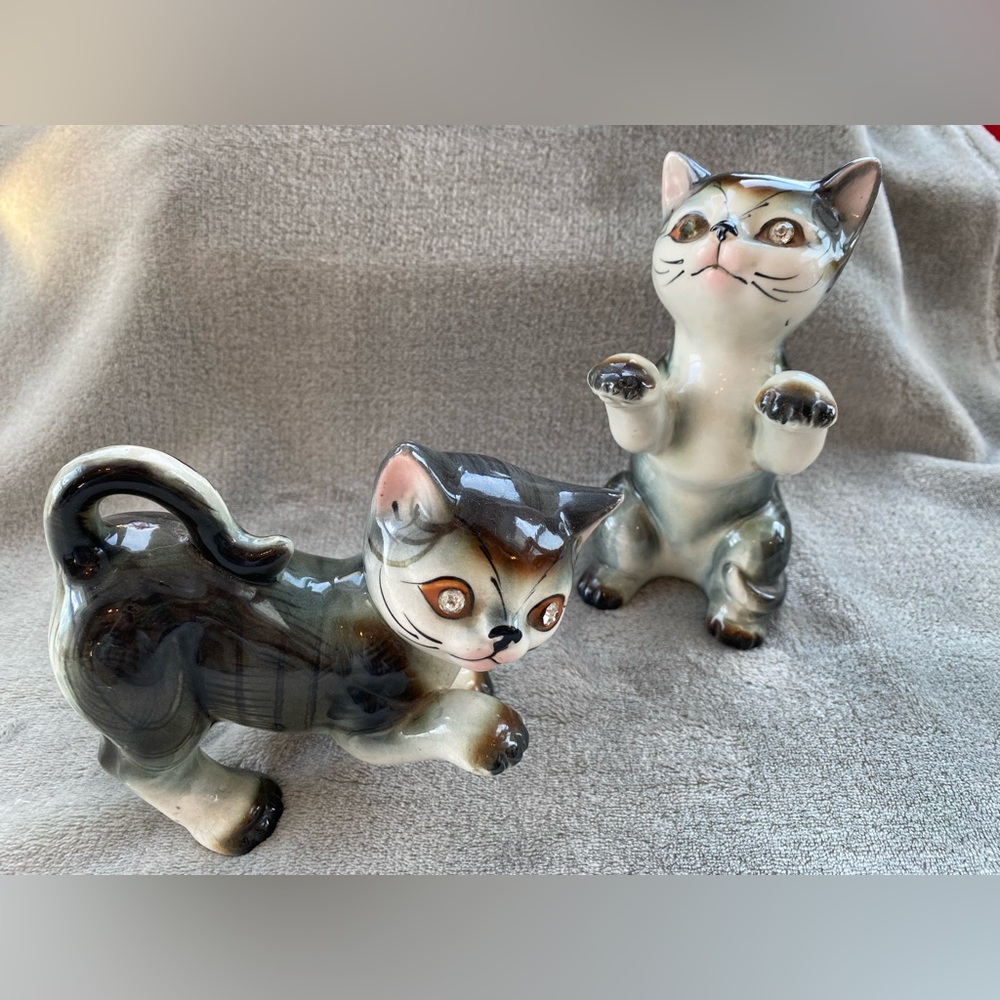 Vintage MCM Tabby Cat Figurines with Rhinestone Eyes